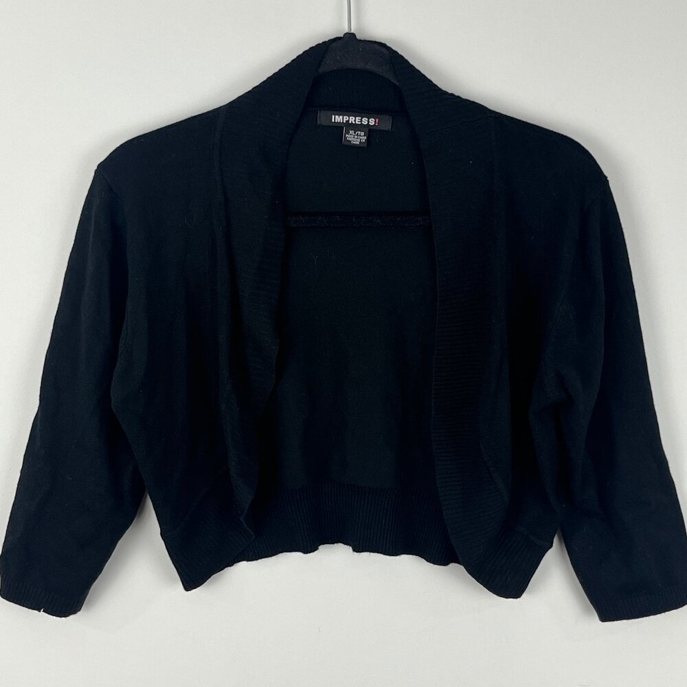 Impress Cardigan Sweater Short Size XL Black 3/4 Sleeve Open Rayon Polyester